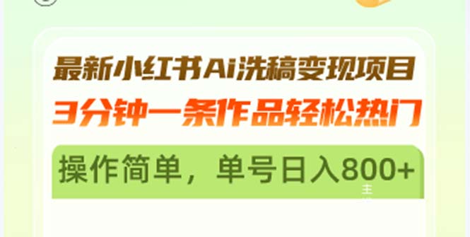 (13182期）最新小红书Ai洗稿变现项目 3分钟一条作品轻松热门 操作简单，单号日入800+-北少网创