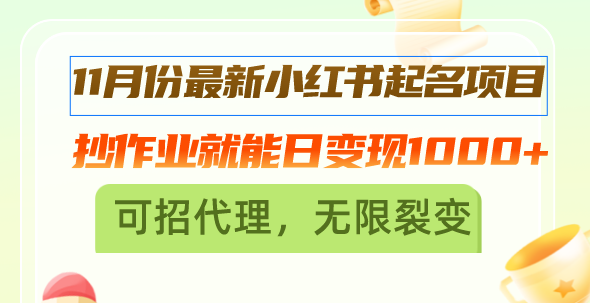 11月份最新小红书起名项目，抄作业就能日变现1000+，可招代理，无限裂变_酷乐网