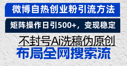 微博自热创业粉引流方法，矩阵操作日引500+，变现稳定，不封号Ai洗稿伪…_酷乐网