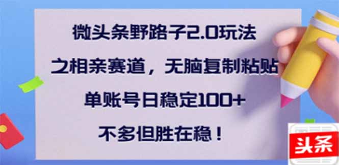 微头条野路子2.0玩法之相亲赛道，无脑搬砖复制粘贴，单账号日稳定300+…_酷乐网